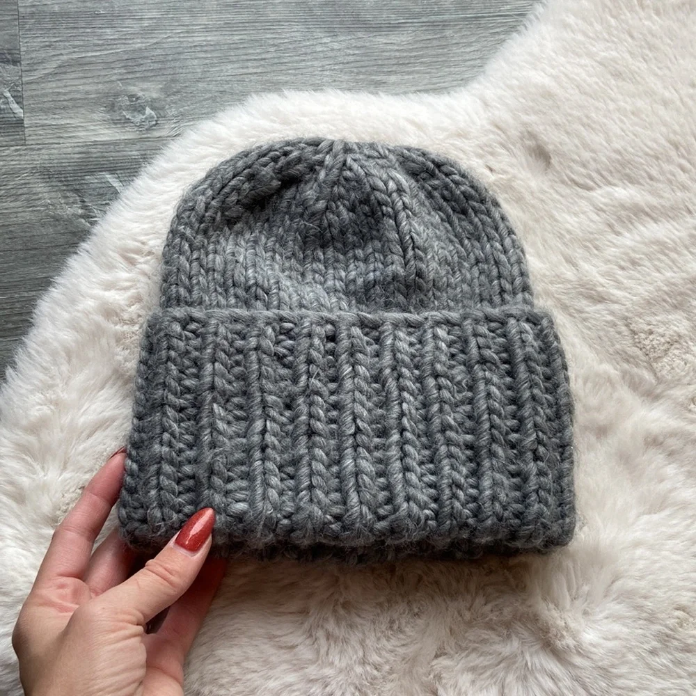 Grey beanie chunky braided knit wide fold over winter hat accessories OSFM